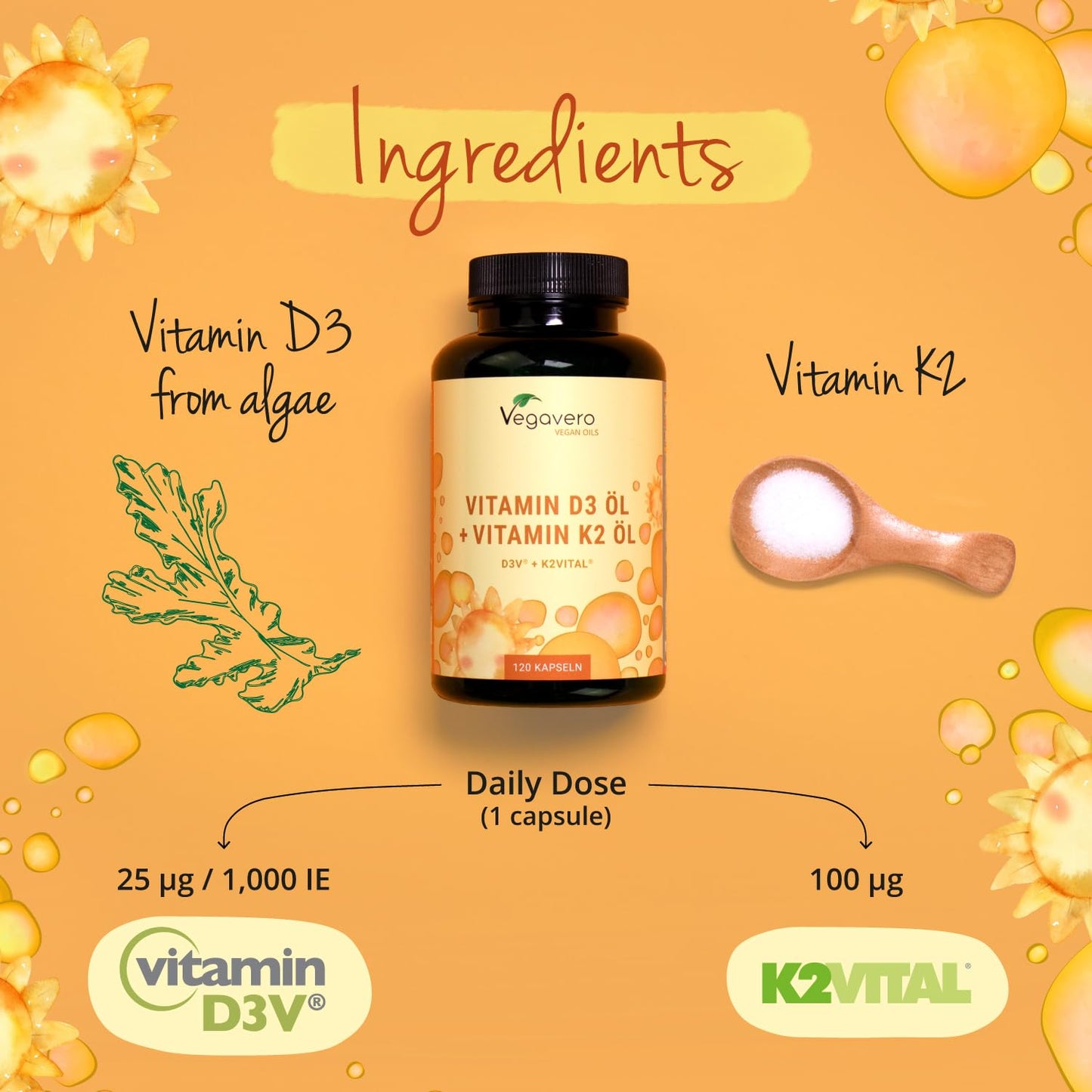 Vegavero Vitamins D3 K2 Oil | Vegan & NO Additives | Cholecalciferol & All-Trans MK-7 | 1000 IU Vitamin D + 100 µg VIT K2 | 120 Vegan Capsules