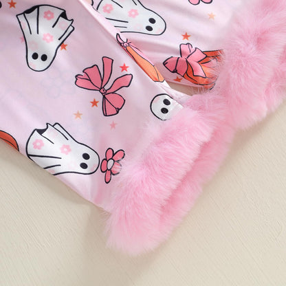 Kuriozud Kids Toddler Girl Halloween Pajamas Fuzzy Trim Long Sleeve Button Down Shirt Top and Pants 2pcs Pjs Sets Sleepwear (Floral Ghost Bow Pink, 4-5 Years)