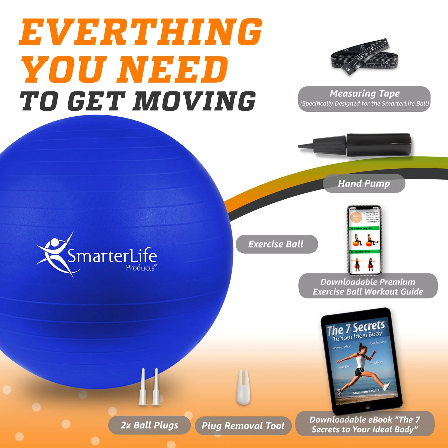SmarterLife Exercise Ball Yoga Ball for Fitness, Balance, Stability, or Pregnancy, Gym Ball for Core Workout, Physical Therapy, Yoga Ball Chair for Office, Anti-Slip Anti-Burst