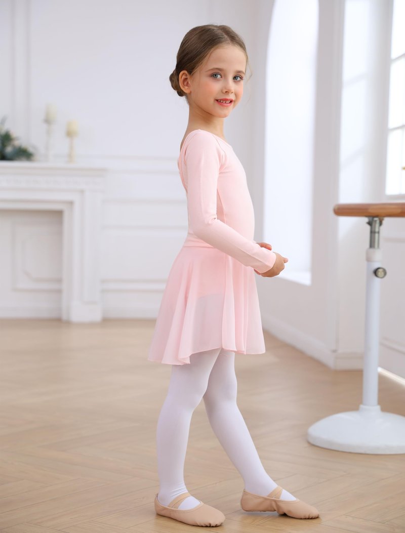 MdnMd Ballet Leotards for Girls Toddler Long Sleeve Dance Leotard Skirted Gymnastics Ballerina Outfit AM300 (Ballet Pink, 4-6 Years)