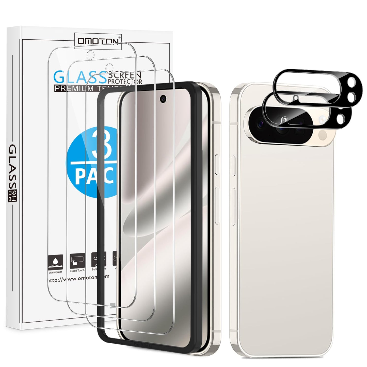OMOTON 3+2 Pack for Google Pixel 9 Pro Screen Protector, 3 Pack Tempered Glass Screen Protector & 2 Pack Camera Lens Protector for Pixel 9 Pro 2024 6.3-inch, Case Friendly (Not for Pixel 9/9 Pro XL)