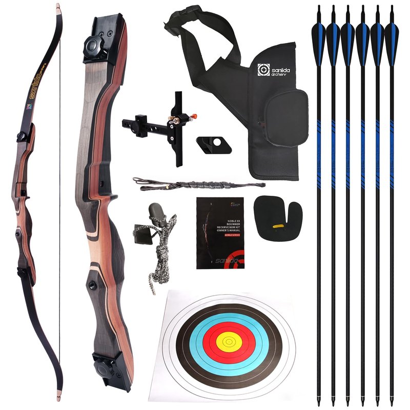 Sanlida Noble Standard Beginner & Intermediate Recurve Bow and Arrows Kit for Adult and Youth, Wooden Takedown Recurve Bow Package for Training, Practice & Competition RH Only (68", 32lbs)
