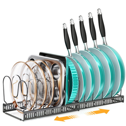 MUDEELA Pots and Pans Organizer Rack for under Cabinet, Expandable 11.81''-22.85'' Pot Lid Kitchen Cabinet Organizer Holder with 10 Adjustable Compartment Cutting Board Organizer for Pan Lid, Bakeware