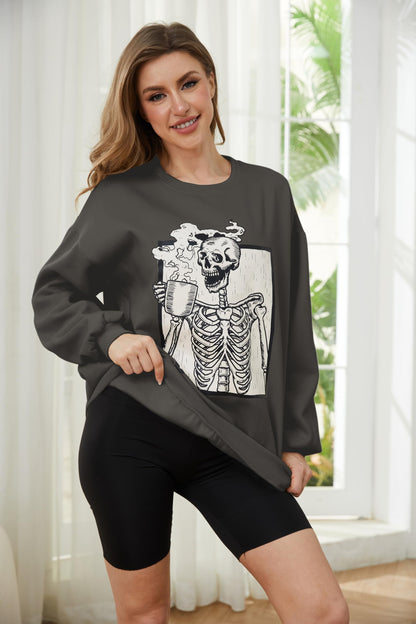 Meladyan womens Halloween Skull Graphic Print Fleece Oversized Sweatshirt Crewneck Long Sleeve Drop Shoulder Pullover, Dark Grey, X-Large