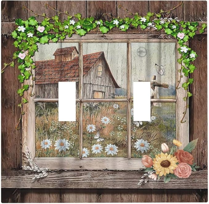 Farm Barn Farmhouse Rustic Country Flower Double Toggle Light Switch Cover Decorative 2 Gang Wall Plate Electrical Switchplate Faceplate for Bathroom Kitchen Decorate Accessories