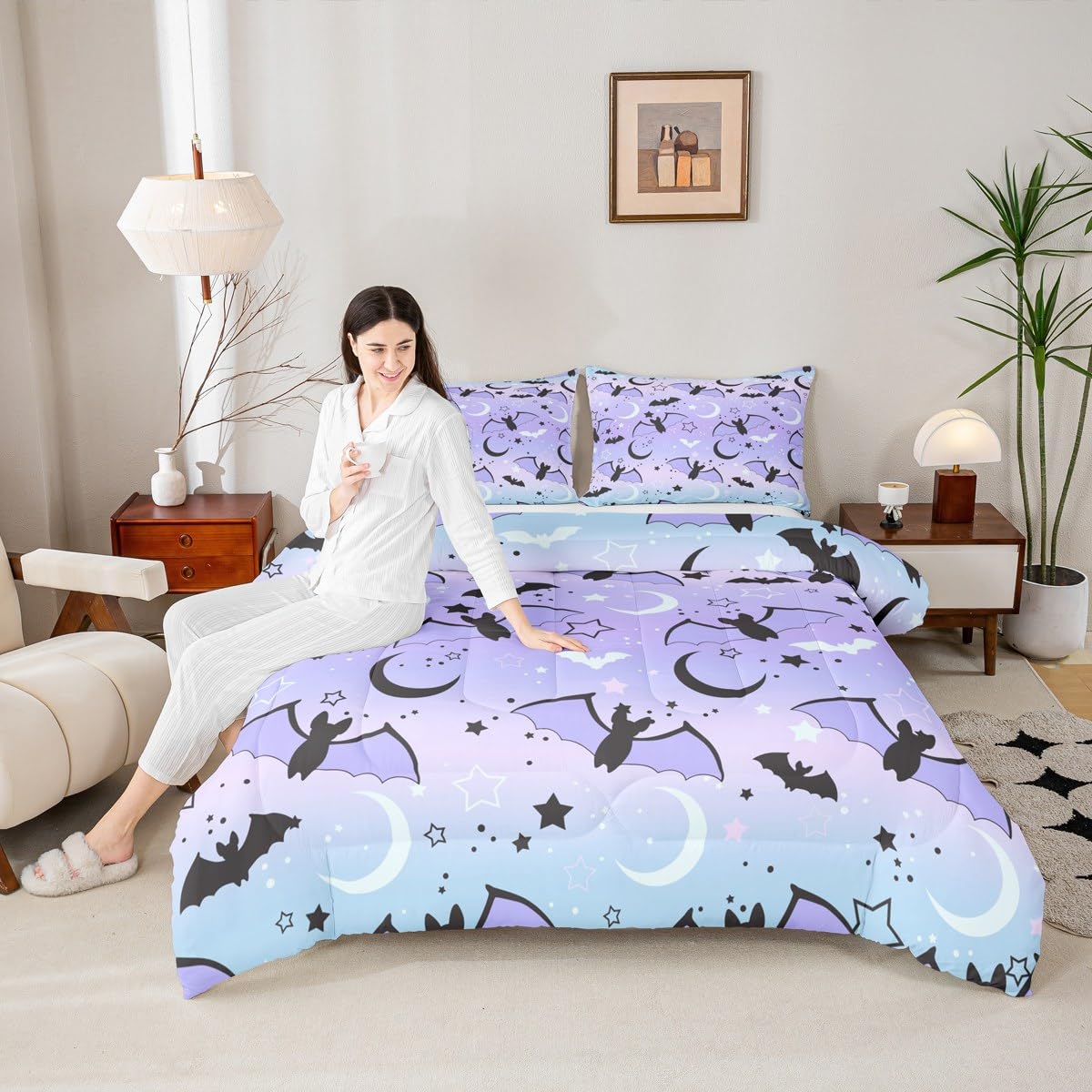 Feelyou Halloween Comforter Rainbow Comforter Set for Boys Girls Children Bat Moon Star Print Bedding Set Halloween Theme Purple Gradient Style Room Decor Twin Size Duvet Set 2Pcs with 1 Pillow Case