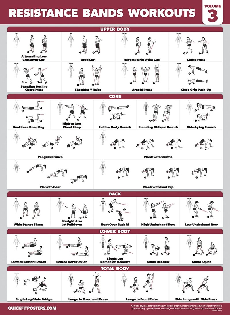 Palace Learning 4 Pack - Resistance Bands Workout Posters Volume 1, 2 & 3 + Bodyweight Exercise Chart (LAMINATED, 18" x 24")