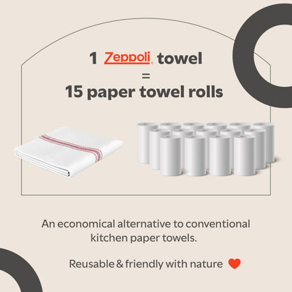 Zeppoli Tea Towel Set Kitchen Towels – 36 x 64 CM 100% Natural Cotton Dish Catering Towels - Soft and Absorbent Reusable Cleaning Cloths (White Red Striped)
