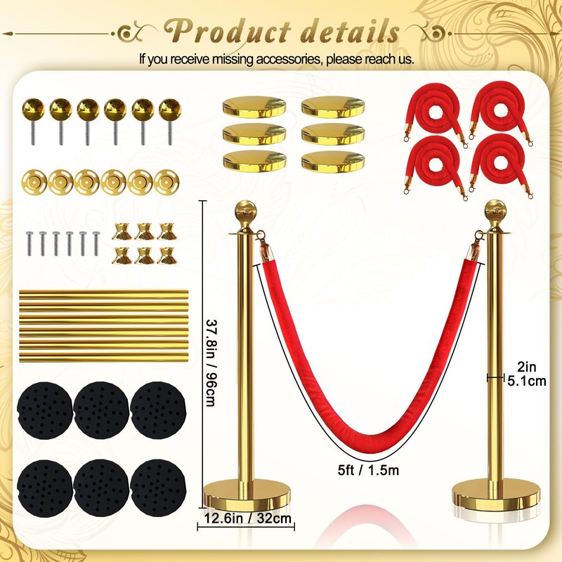 JLXMAXLJ 6PCS Gold Stanchions Posts with 4PCS 5 ft Red Velvet Rope, Red Velvet Rope Stanchion Set Crowd Control Barriers, Stanchions and Velvet Ropes Red Carpet Poles for Party Supplies