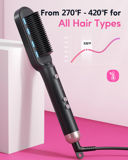 Wavytalk Hair Straightener Brush, Sleek Sweep Ionic Straightening Brush with 6 Temperature Adjust, Anti-Scald Ceramic Straightening Comb Fast Heating for Home Salon, Dual Voltage, Purple.