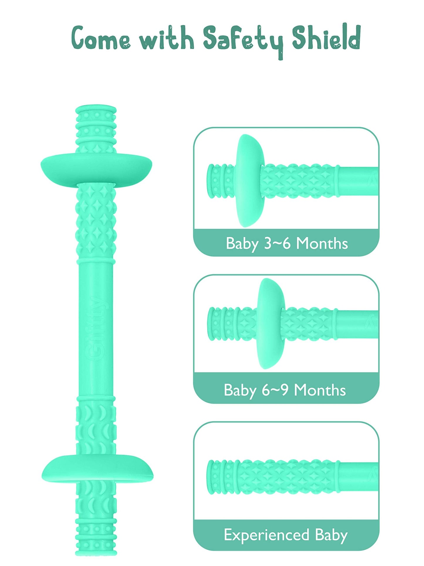 Giftty Teething Tube with Safety Shield Baby Hollow Teether Sensory Toys Gum Massager, Food-Grade Silicone for Infant 3-12 Months Boys Girls, 1 Pair with 4 Cleaning Brush Included (Emerald+Blue)