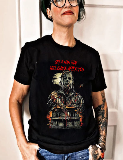 Get A Man That Will Chase After You Halloween Bleached Shirt Women Horror Scary Graphic Tees Top(BK2,M)