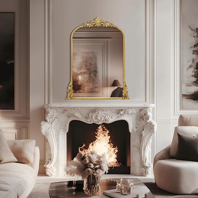 Growsun Vintage Gold Arched Mirror, 24’’x36’’ Antique Baroque Ornate Wall Mirror Decor with Full Metal Frame for Fireplace/Entryway/Living Room/Bathroom