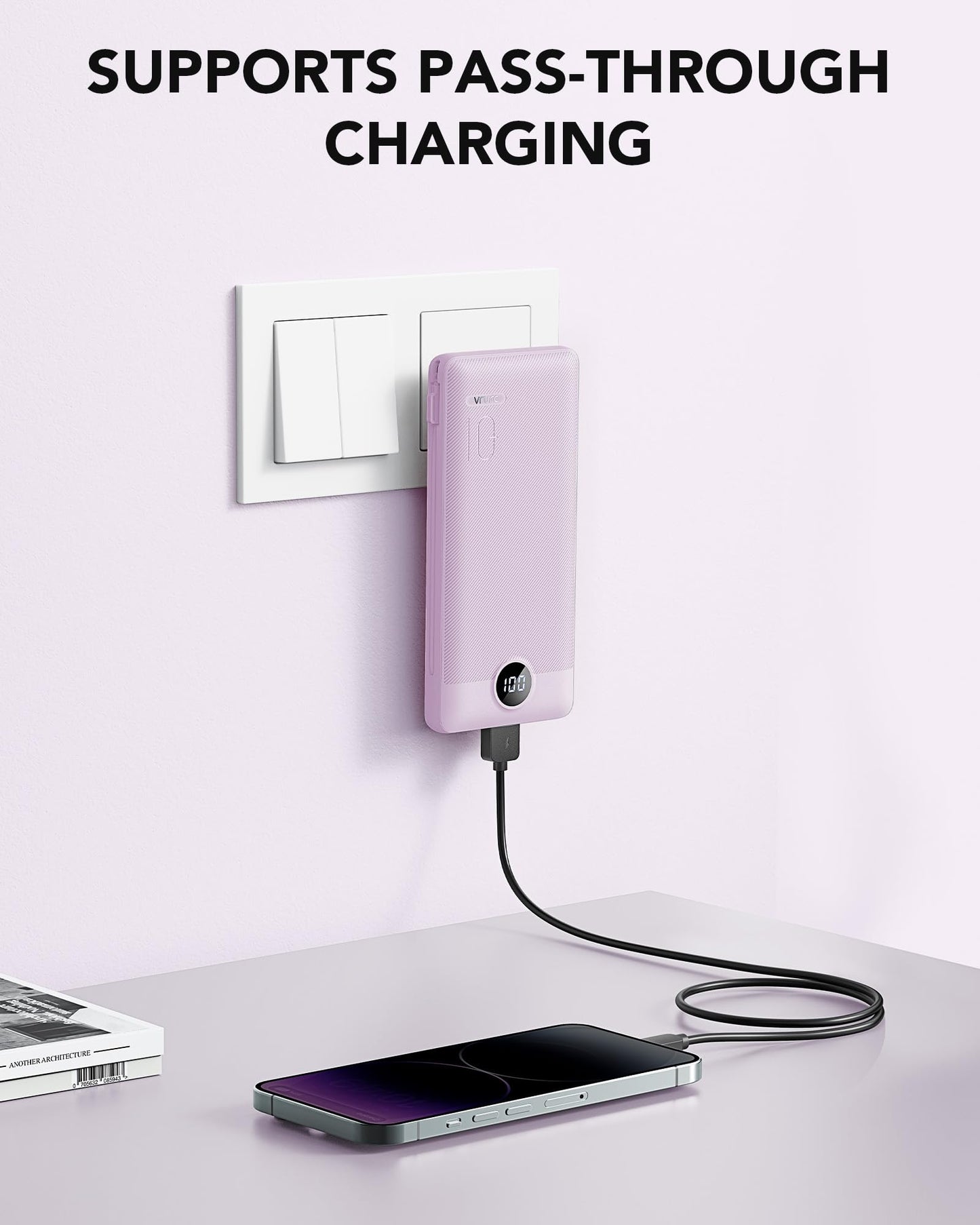 VRURC Portable Charger Built-in Cables and AC Wall Plug, USB C Power Bank 10000mAh, Travel Essentials Phone Charger Compact Lightweight External Battery Pack for Smart Phones, Tablets etc-Pink