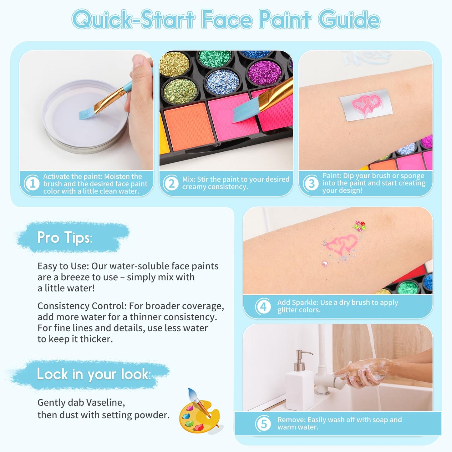 Pintada 42 Color Face Painting Kit for Kids - Non Toxic Water Activated Face Paint Palette With Stencils, Brush, Gems. For Carnival, Halloween, Costume Makeup and Any Creative Activity with Kids