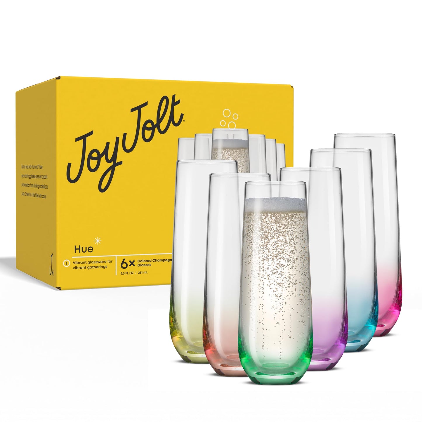 JoyJolt Hue Stemless Champagne Flutes Set of 6 Colored Glasses, 9.5oz Cocktail Glass Set for Mimosa, Stemless Champagne Glasses, Prosecco Wine Flute, Bar Glassware
