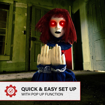 Haunted Hill Farm Scary Pop-up Haunted Doll Halloween Animatronic with Touch Activated Lights and Sound, Battery Operated Indoor or Covered Outdoor Halloween Decorations, Creepy Halloween Props