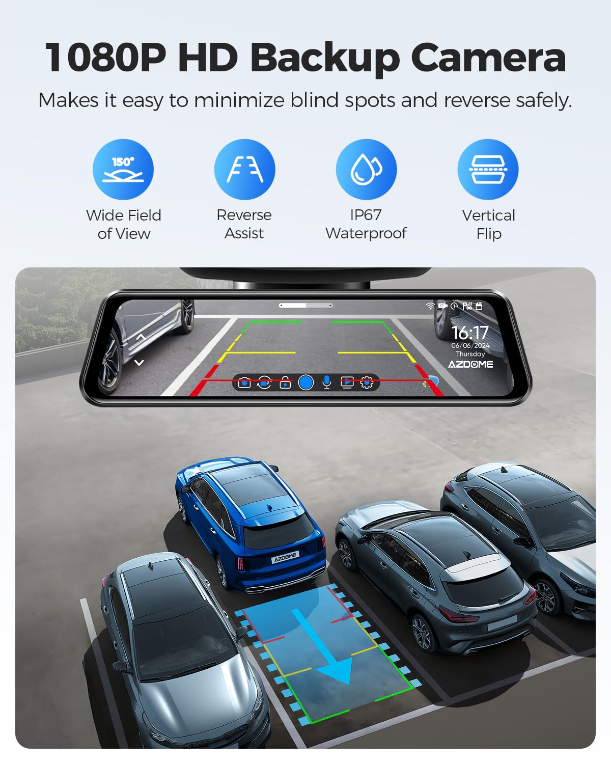 AZDOME PG17 12" 4K Mirror Dash Cam Front and Rear, Wi-Fi 6 Rear View Mirror Camera with 64GB Card, Voice Control Dash Camera for Car, Rearview Mirror Camera with GPS Night Vision Parking Assistance