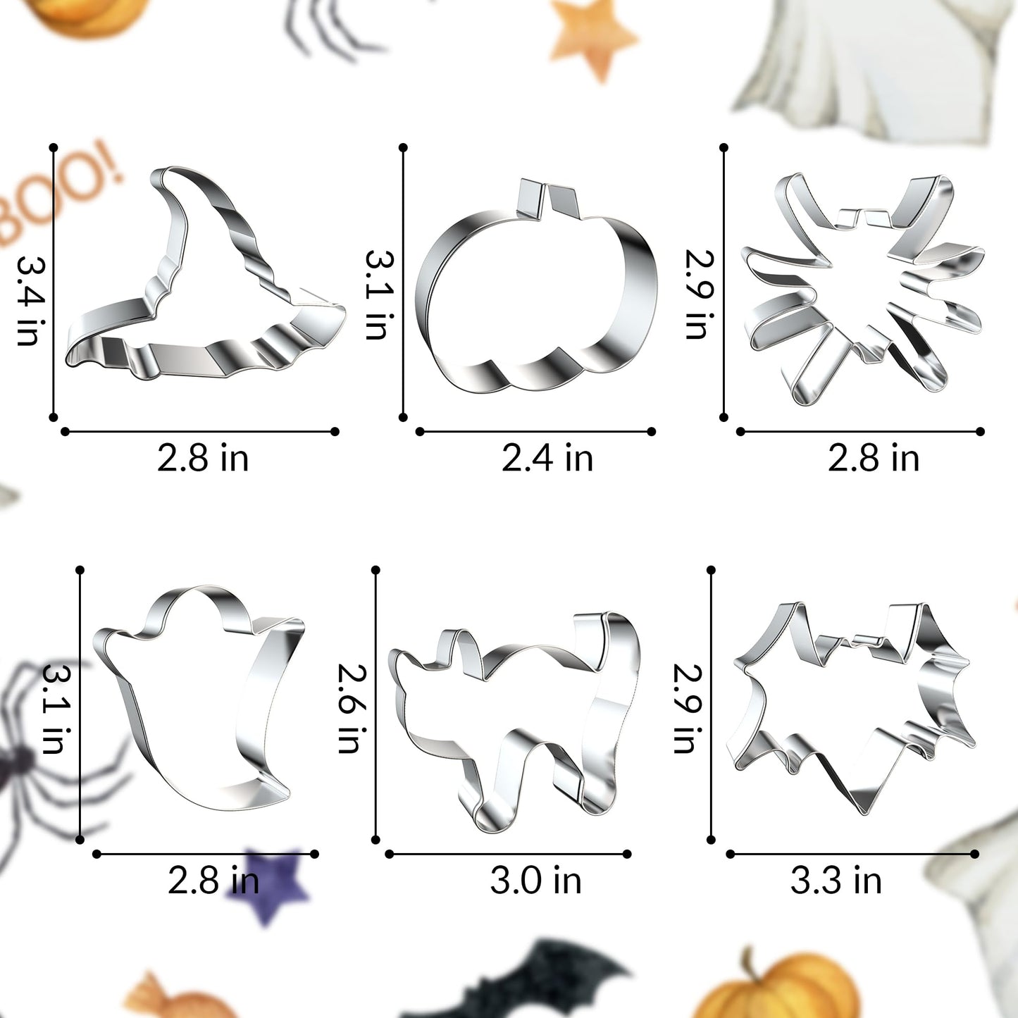 FUSOTO Halloween Cookie Cutters, 6 Pcs Holiday Cookie Cutters Halloween Shapes - Spider, Pumpkin, Bat, Cat, Ghost, Witch Hat for Cookie Baking