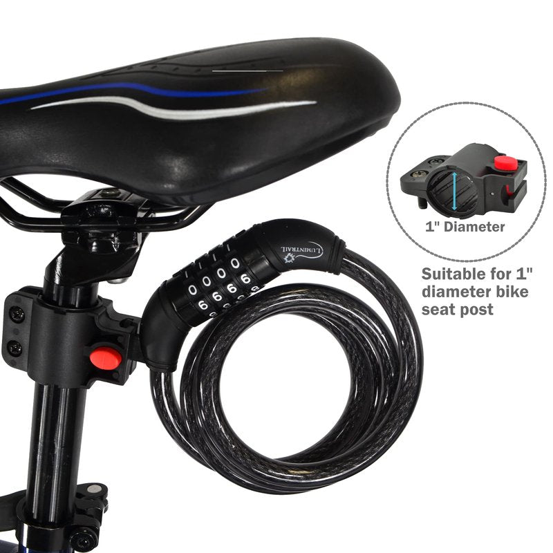 Lumintrail Combination Bike Lock Cable for Bike Accessories - 10ft Bike Locks Heavy Duty Anti Theft with Combinations - Bike Cable Lock Combination with Mounting Bracket (1 Pack, Black)