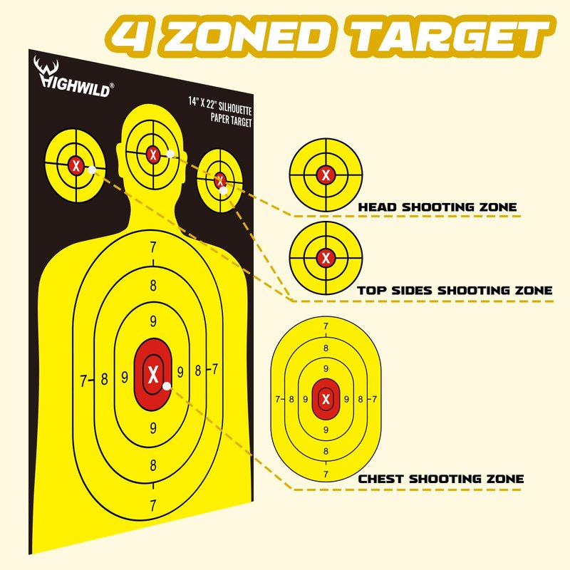 Highwild Shooting Range Silhouette Paper Target 50 Pack - 14X22 Inches - Suitable for Handguns, Rifles, Airguns, BB Guns (Black & Yellow)