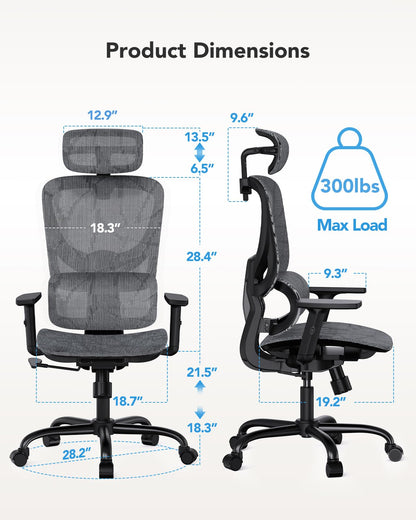 HUANUO Ergonomic Mesh Office Chair with 5-Level Lumbar Support, Computer Chair with Adjustable Headrest & Armrests, Rocking Tilt, Comfortable High Back Desk Chair for Home Office or Gaming