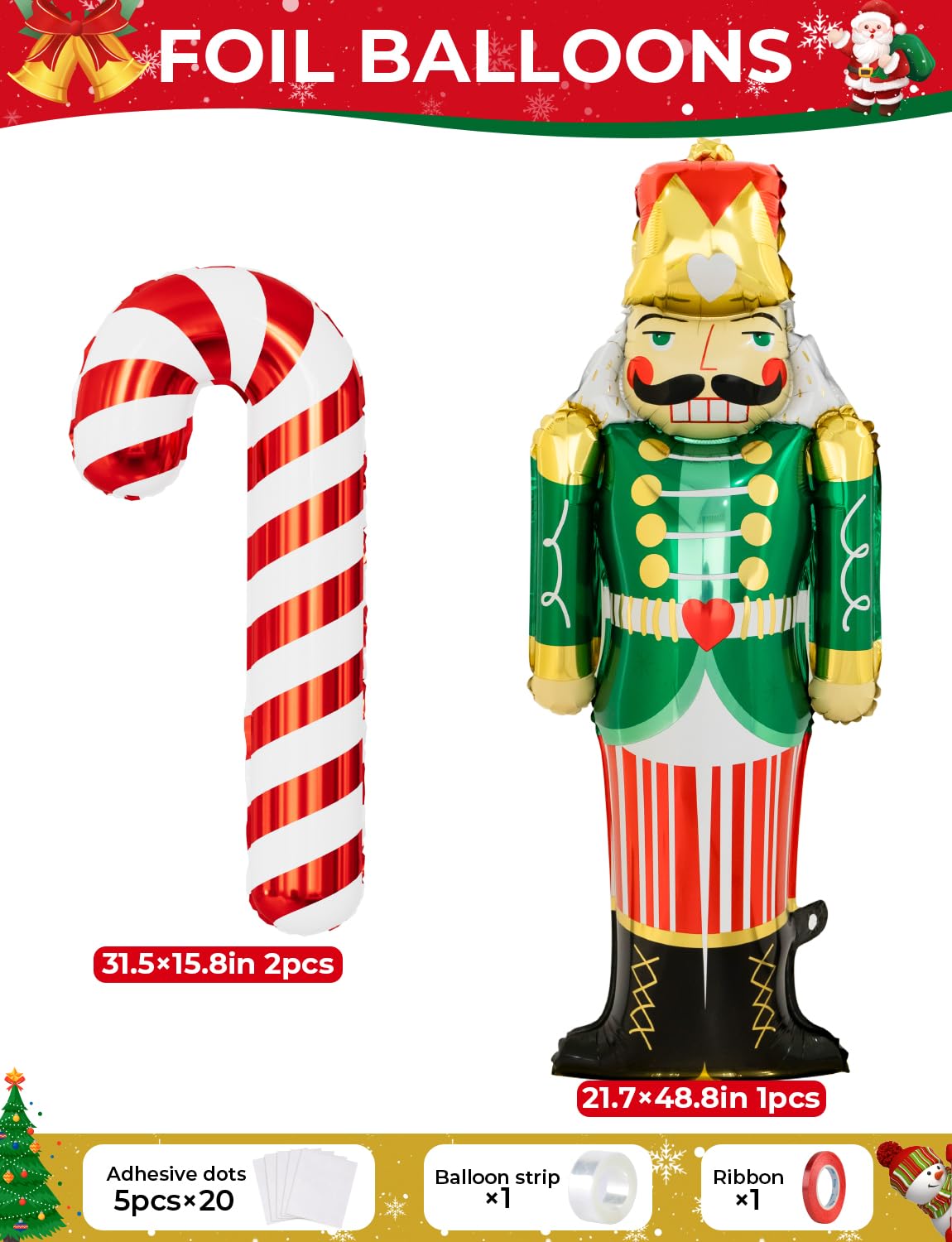 Adeyoo Christmas Balloon Arch Kit Garland - Red Green Gold Christma Balloons with Nutcracker Candy Cane Exploding Star Foil Balloons Xmas Balloon for Xmas Birthday New Year Party Decorations