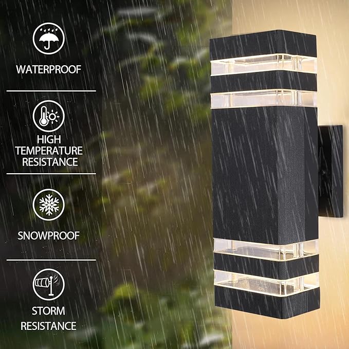 Outdoor Wall Sconce Light, LED Exterior Black Modern Wall Lamps, Porch Square Up and Down Wall Mount Lights for Garage Garden Balcony Entryway 2 Pack…