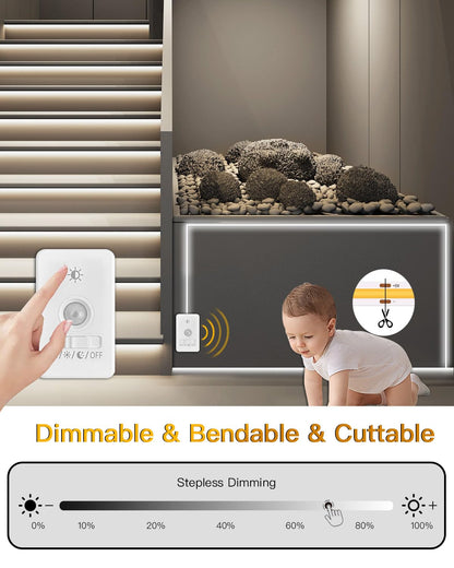 Amagle Under Cabinet Lights, 60 Leds Dimmable Motion Sensor Light Indoor, 2200mAh Rechargeable Battery Closet Lights, 6000K White COB Led Strip Lights for Bedroom, Kitchen, Stair, Shelf, 2 Pack,6.56FT