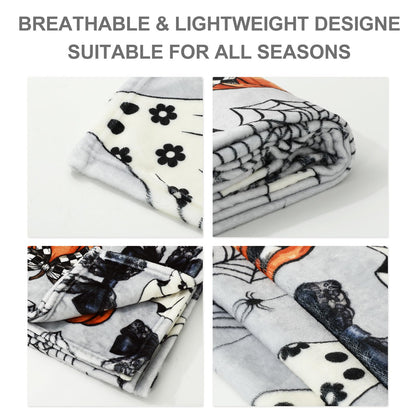 JarThenaAMCS Halloween Flannel Blanket 60 x 50 Inch Ghost Pumpkin Bow Decorative Throw Blanket Soft Gray Blanket for Home Chair Sofa Couch Bed