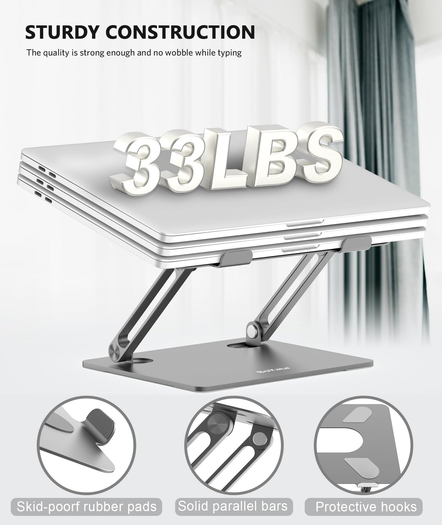 BoYata Laptop Stand, Laptop Holder, Multi-Angle Stand with Heat-Vent, Adjustable Notebook Stand for Laptop up to 17 inches, Compatible for MacBook Pro/Air, Surface Laptop, and so on (Space Gray)