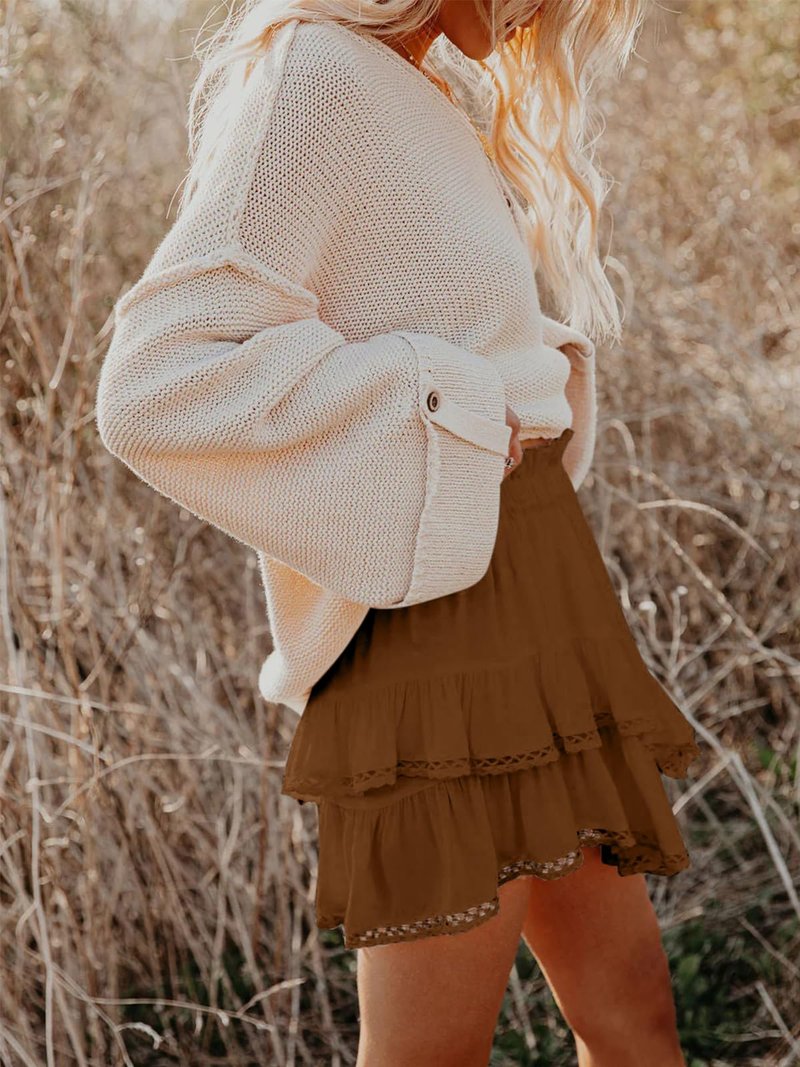Aoudery Flowy Shorts for Women Casual Boho Ruffle Tiered Skorts High Waist Mini Skirts Golf Tennis Butterfly Crochet Shorts - Brown XS
