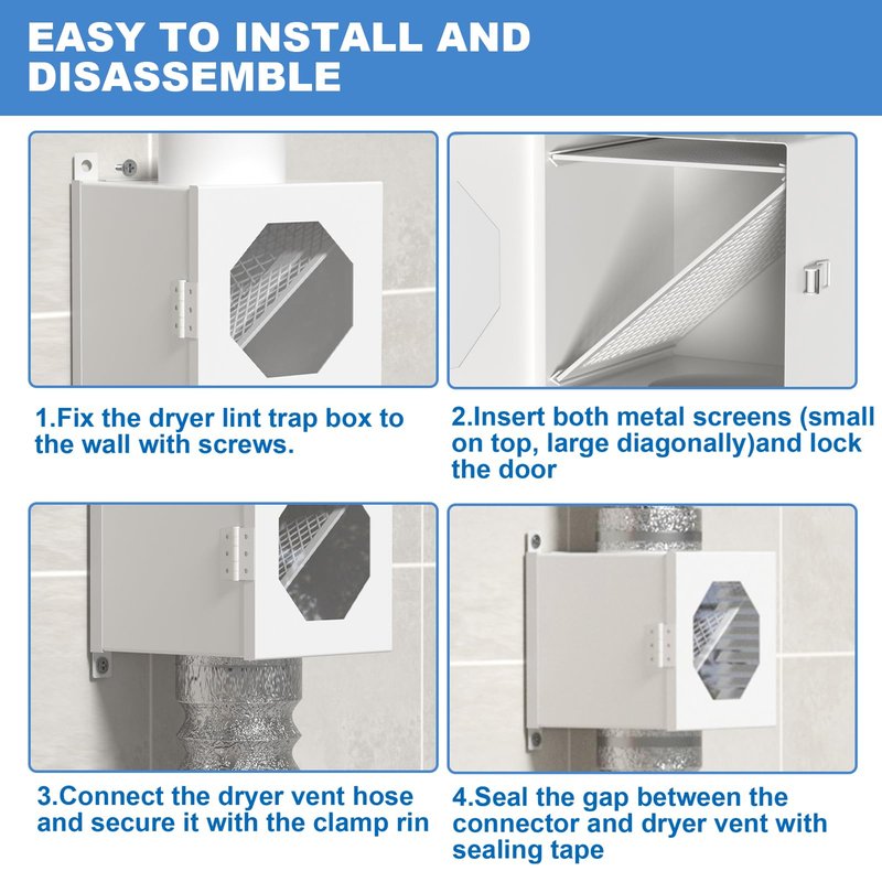 Upgraded Metal Dryer Duct Lint Trap Indoor Dryer Vent Kit - 4 Inch Dryer Vent Hose With 2 Hose Clamps 2 Stainless Steel Mesh Aluminum Foil Tape Cleaning Brush For Electric Dryers