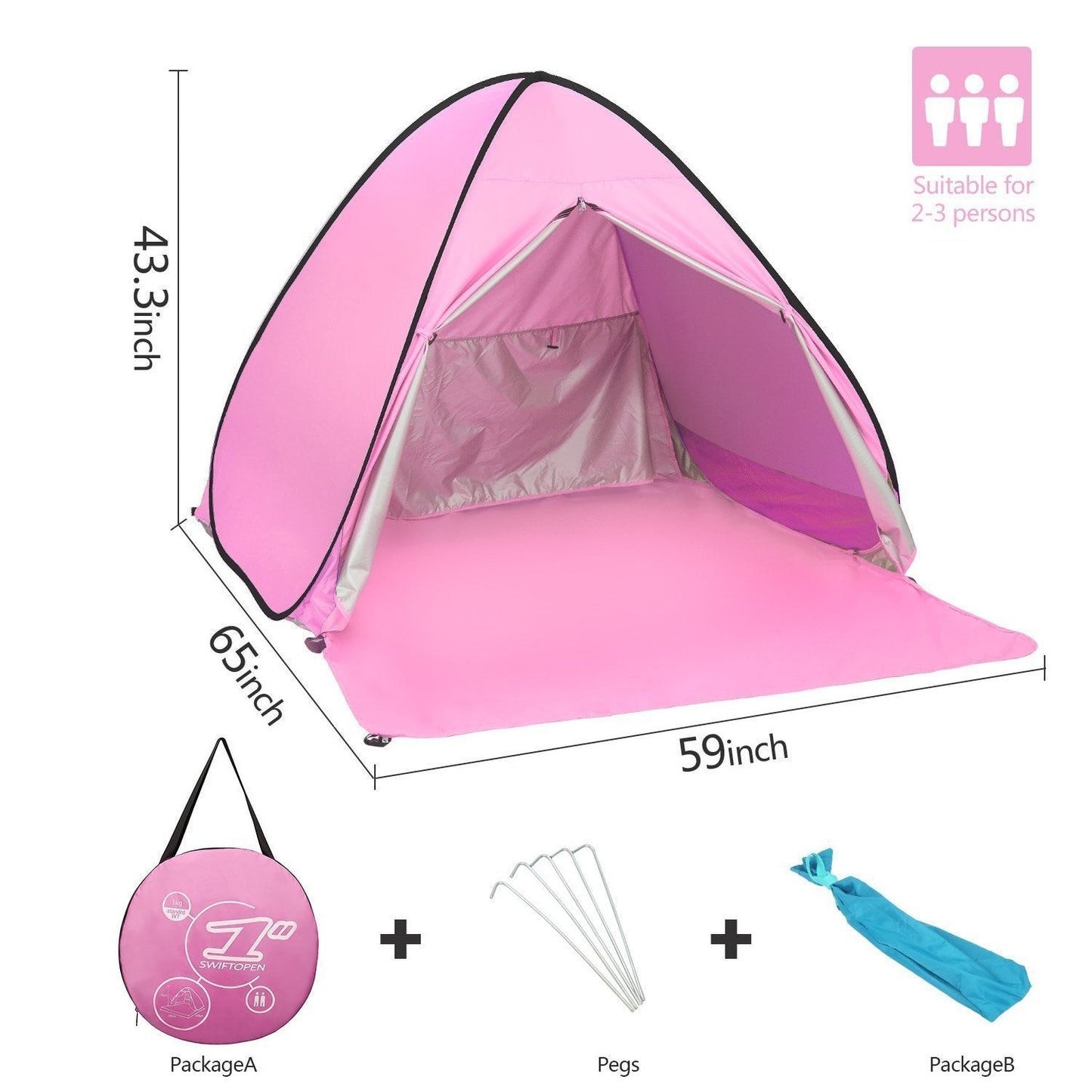 Eplze Automatic Pop Up Beach Tent Instant Portable Quick Sun Shelter for 2-3 Persons (Pink)