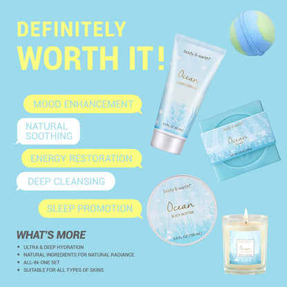 Gifts for Women, Bath and Body Womens Gift Sets with 5 Pcs Ocean Scented Spa Gifts for Women Bath Gift with Scented Candle Body Butter Hand Cream Bath Bomb Christmas Gifts