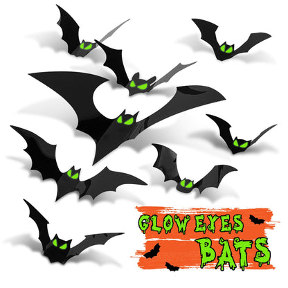 Halloween Decorations - 56 Pcs Spooky 3D Bats With Glow Eyes for Indoor Outdoor Party Decor - Plastic Scary Gothic Stickers for Bathroom Kitchen Home Room Wall