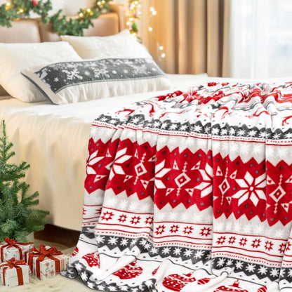 MACEVIA Christmas Throw Blanket for Couch, Holiday Christmas Reindeer Snowflakes Flannel Fleece Blanket, Soft, Cozy, Plush, Warm Winter Cabin Throw Decor, (Red Reindeer, 50x60inches)