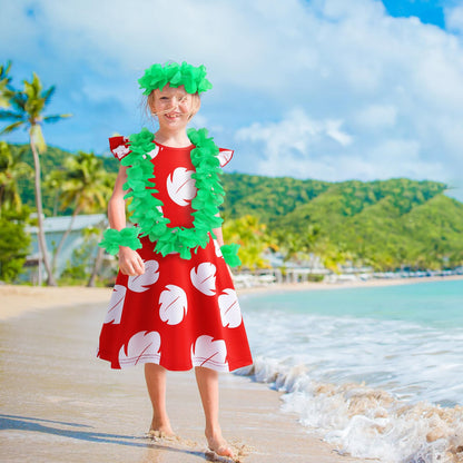 Hawaiian Little Girls Costume Dress with 4 Pcs Luau Flower Leis Accessories Set Red Flower Hair Clips Toddler Halloween Party Cosplay Outfit for 7-8 Years
