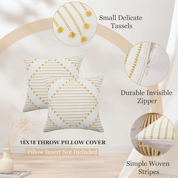 Mecatny Boho Outdoor Throw Pillow Covers 18X18 Set of 2, Farmhouse Decorative Pillow Covers for Couch Sofa Living Room, Yellow & White