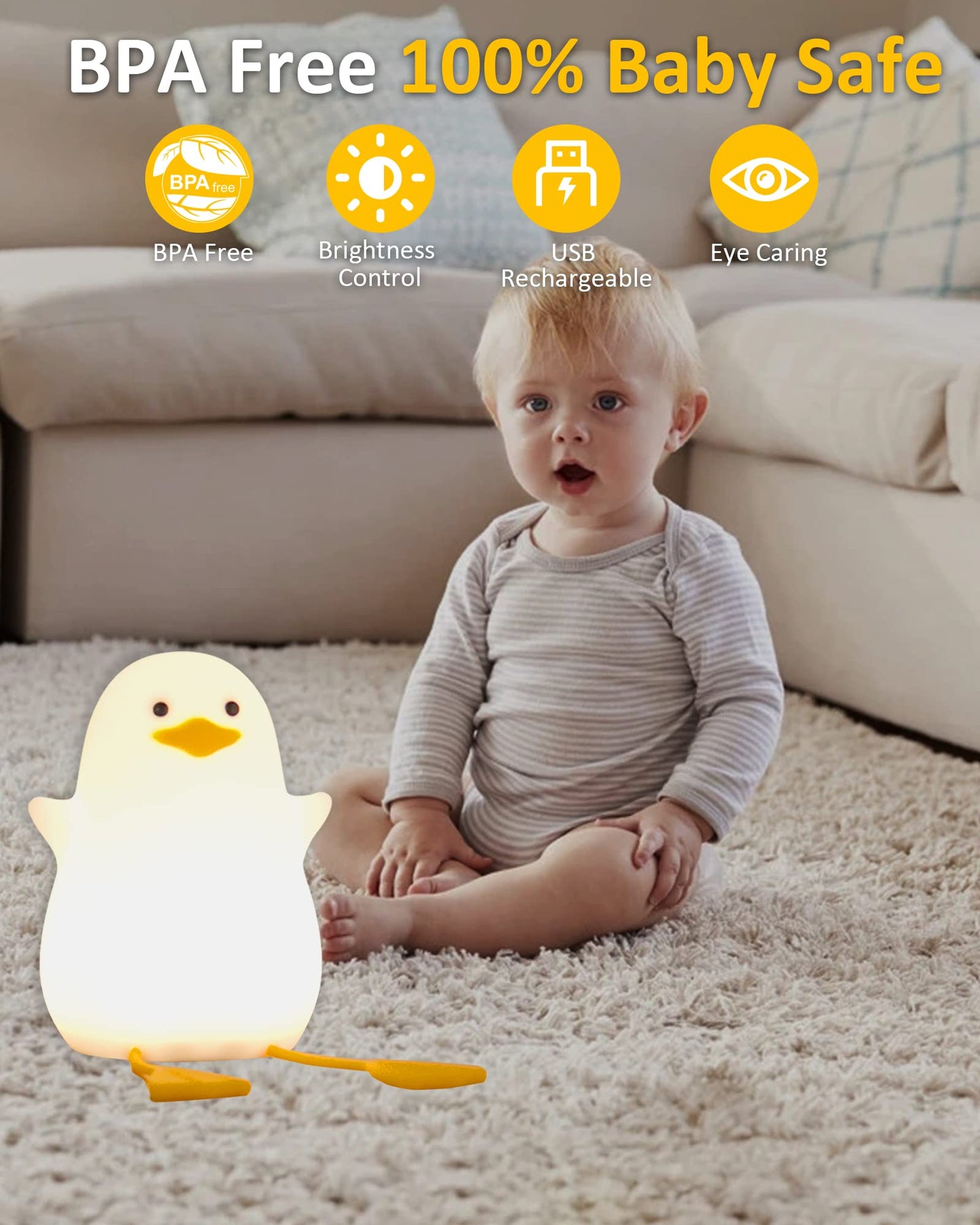 Attivolife Duck Night Light for Kids, Cute Animal Silicone Lamp Touch Control + Dimmable + Timer, USB Rechargeable LED Feeding Nightlight Bedside Bedroom Decor Birthday Gifts for Toddler Baby Women