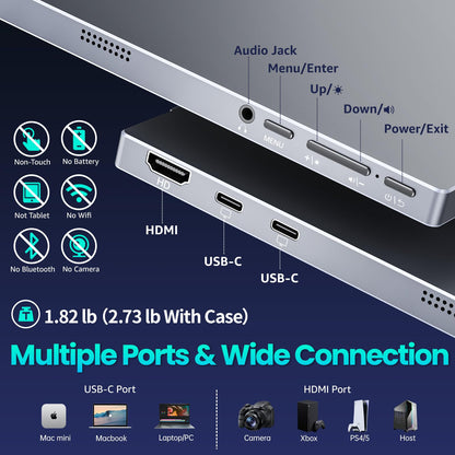 Portable Monitor 15.6" FHD 85% sRGB 60Hz IPS HDR HDMI USB-C Travel Monitor for Laptop MacBook PC Surface PS5 Xbox, External Display with Cover & Speakers, VESA Compatible