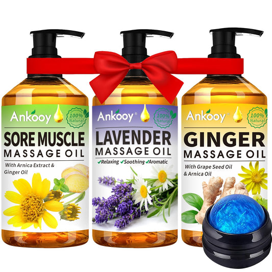 3 Pack Massage Oil for Massage Therapy,Sore Muscle Arnica Oil & Relaxing Lavender Oil & Ginger Oil Lymphatic Drainage & Massage Ball,Spa Massage Christmas Gifts for Men,Stocking Stuffers for Women