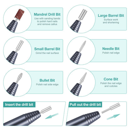 Portable Electric Nail Drill File Machine with Acrylic Nail Kit Set Professional 20000rpm Manicure Pedicure with Sanding Bands Brush for Nail Art Gel Nail Polish Tips Clippers