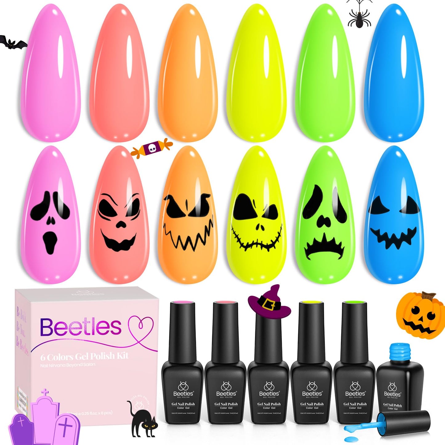 Beetles Cat Eye Gel Nail Polish Set, 6 Summer Colors Pastel Shimmer Glitter Gel Polish Kit Soak Off LED UV Curing Requires Pink Red Blue Orange Green Purple Velvet Gel with Magnet Gift for Women