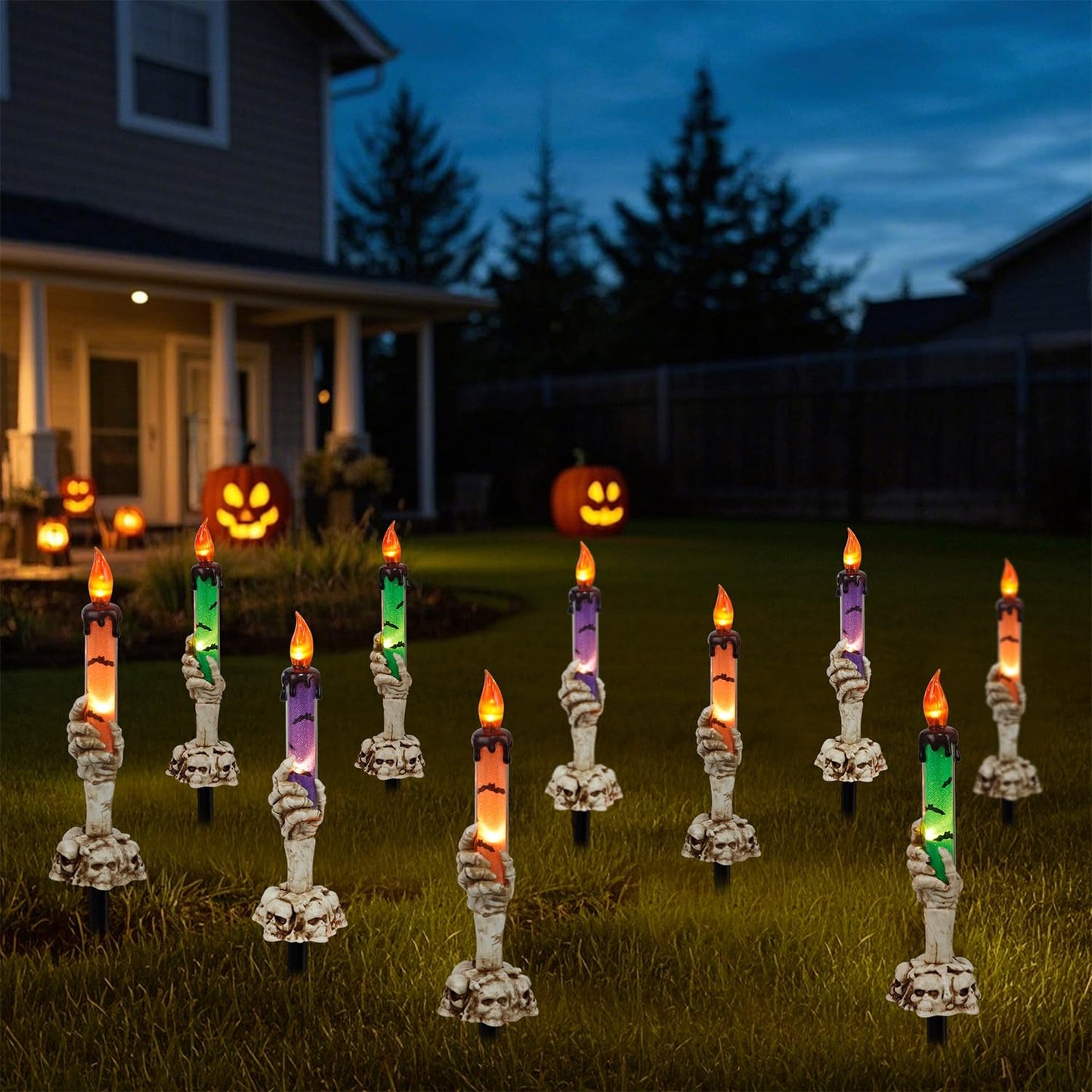 WATERGLIDE Halloween Decoration Candle Light Stakes, 10 Pack Skeleton Hands Hold Lighted Candle Pathway Makers, Waterproof Battery Operated with Timer, Light Up Figurine for Outdoor Holiday Party