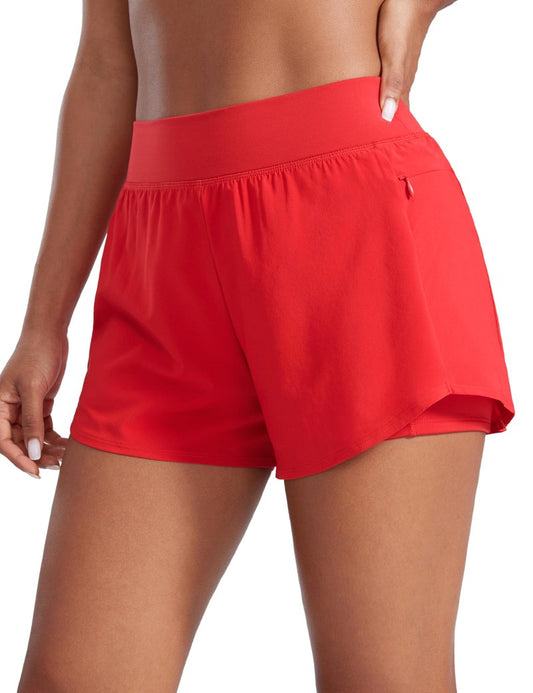 CRZ YOGA 2 in 1 Double Layer Running Shorts for Women 3" - High Waisted for Athletic Tennis Workout with Zip Pockets Deep Red Medium