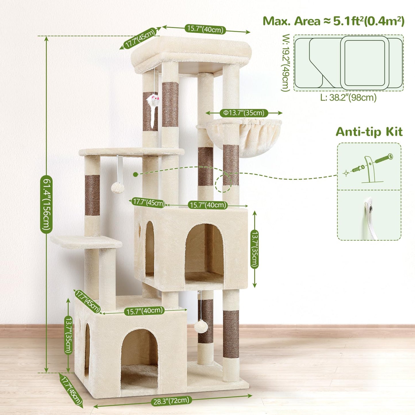 Globlazer Cat Tower for Indoor Cats, Heavy Duty Cat Trees for Large Cats Adult Big Cats Maine Coon Cat Tree Tower with Scratching Post, Extra Large Top Perch, Cat Condos, F61, Beige, 61inch
