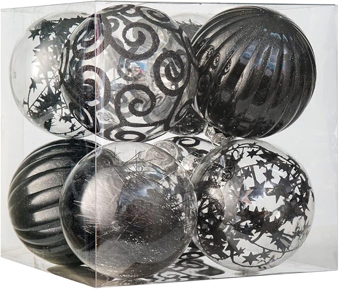 XmasExp 8ct Christmas Ball Ornaments Set -Large Clear Plastic Shatterproof Xmas Tree Ball Hanging Baubles Stuffed Delicate Glittering for Holiday Wedding Xmas Party Decoration (100mm/3.94",Black)