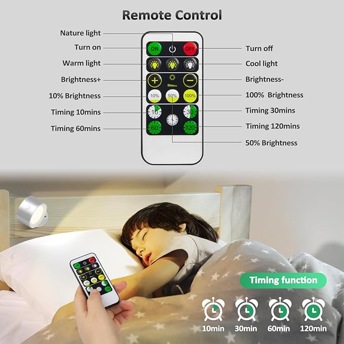 Lightbiz LED Reading Lights, Wall Lights Sconces 2 Pcs with Remote Rechargeable Battery Operated, 3 Color Temperatures & Dimmable Light Magnetic Ball 360°Rotation, Lamps for Study Bedside Closet