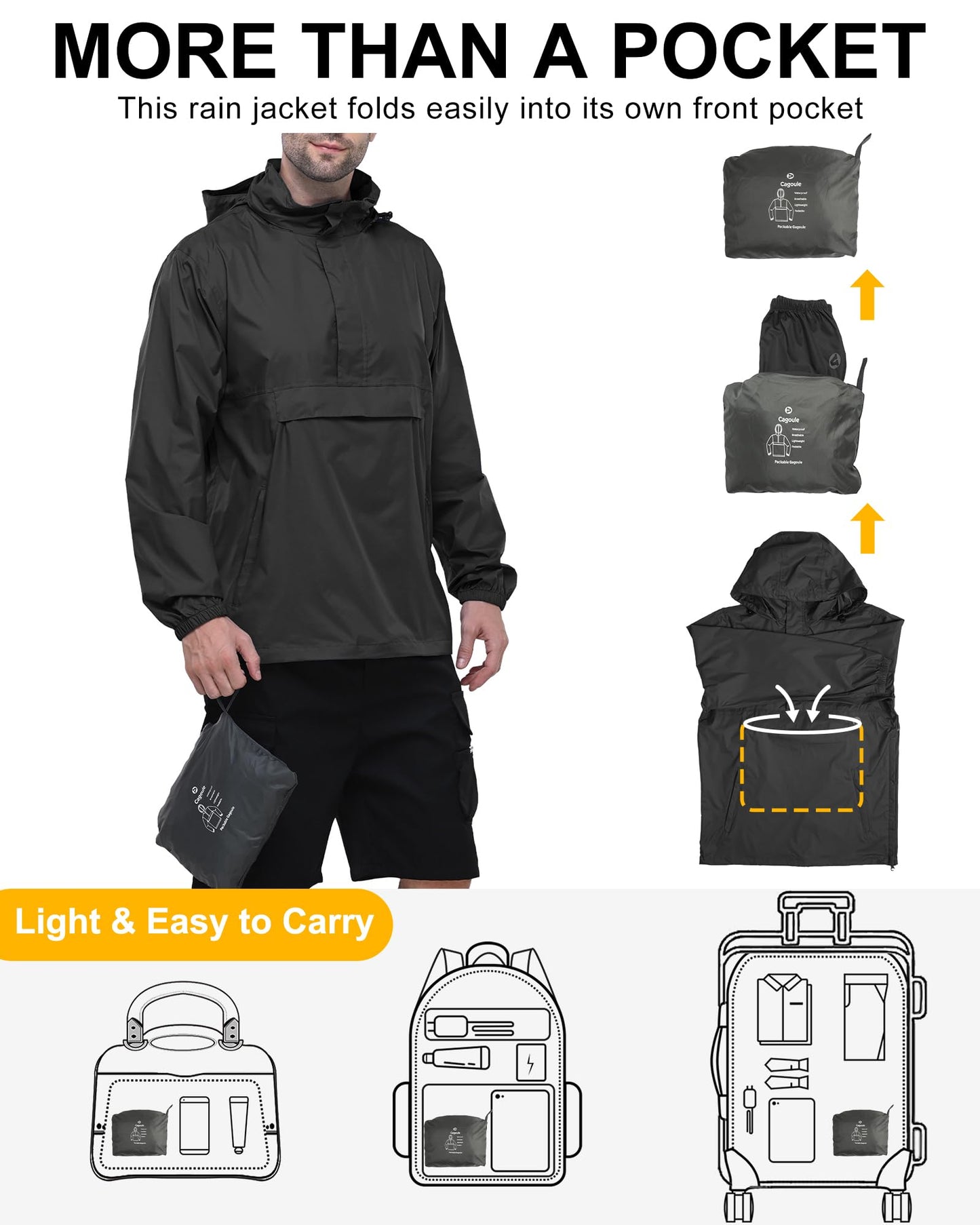 Outdoor Ventures Rain Jacket for Men Waterproof Pullover Lightweight Hooded Outdoor Raincoat Packaway Breathable Reflective Anorak Jacket for Travelling, Camping, Running, Hiking, Black L